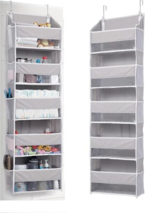 ULG 1 Pack Over Door Organizer with 5 Large Pockets 10 Mesh Side Pockets, 44 lbs Weight Capacity Hanging Storage Organizer with Clear Window for Kids Toys, Shoes, Diapers, Grey, 5 Layer