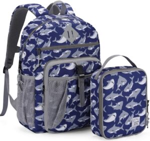 VASCHY Kids Backpack Lunch Bag Set, Boys Large School Bookbag Insulated Lunch Box for Toddlers Preschool,Daycare,Kindergarten,Elementary School Shark