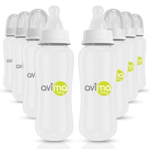Avima 10 oz Anti Colic Baby Bottle Set – Medium Flow Nipples Included, Standard Neck, BPA Free – 3-6 Months, Stage 2 Feeding for Gas, Spit Up & Colic (Set of 8)