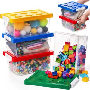 4 Pack Toy Storage Organizer Bins with Lid, Brick Shaped Toy Containers, Stackable Plastic Storage Box Set, Clear Toy Chest for Organizing Building Brick, Toys, Small Dolls, 4 Colors