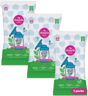 Breast Pump Wipes by Dapple Baby, Hypoallergenic & Powered by Plants, Removes Milk Residue, Leaves No Taste, Convenient Wipes Pouch, Fragrance Free, 25 Count (Pack of 3)