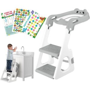 Potty Training Toilet with Potty Training Chart and Step Stool Ladder, Foldable Toddler Toilet Seat with Handles, 2 in 1 Toilet Seat for Kids Boys Girls with Self-Adjustable Height and 3 Stickers