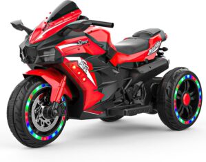 WIIS’IDEA Kids Ride On Motorcycle,12V Electric Battery Powered Ride On Bike,3 Wheels Electric Motorcycle for Kids Ages 3-6 Years with Hand Racing,LED Light-Emitting Tyres,PU Seat,Toy Gifts（Red）