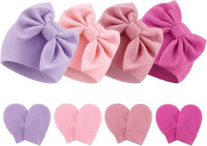 Newborn Baby Hats and Mittens Set Infant Bow Beanie Cap Toddler Gloves Newborn Hospital Hats for Baby Boy Girl 0-6 Months