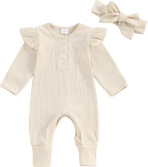Newborn Baby Girls Clothes Infant Ruffle Knit Romper Long Sleeve Ribbed Bodysuit Onesie Jumpsuit Headband Coming Home Outfit