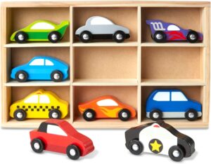 Melissa & Doug Wooden Cars Vehicle Set in Wooden Tray – 9 Pieces Toy Cars, Vehicle Toys For Toddlers And Kids Ages 3+
