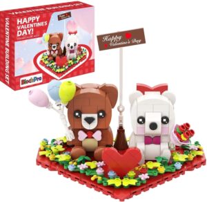 BlockPro Valentine’s Day Brown and White Bear Building Set with Rose Bouquet, Love Heart Frame Ornament Building Blocks Set, Valentine’s Day Gift for Adults Kids (400PCS)