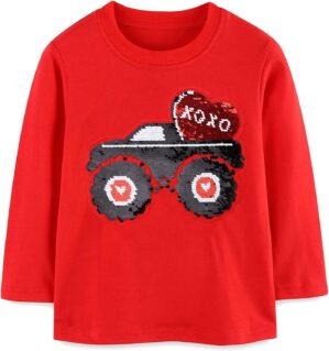 Valentine’s Festival Shirt for Toddler Boy Monster Truck Heart Flip Sequin T-Shirt Tractor Long Sleeve Kids Tops