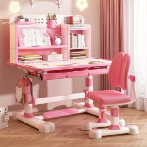 Upgraded Wide Kids Desk and Chair Set, Height Adjustable Kids Study Desk, School Writing Table with Book Stand, Foot Pedal Pink