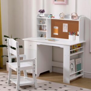 Kids Desk and Chair Set, Wooden Study Table with Storage Shelf, Bulletin Board, Children School Learning Desk Set, Writing Table for Boys and Girls, White