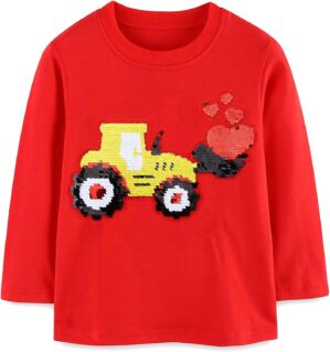 Valentine’s Festival Shirt for Toddler Boy Monster Truck Heart Flip Sequin T-Shirt Tractor Long Sleeve Kids Tops