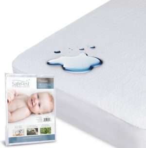 SafeRest 100% Waterproof Crib Size Mattress Protector – Fitted with Stretchable Pockets – Machine Washable Cotton Mattress Cover for Bed – Newbourn Baby Essentials for Toddler or Baby Nursery