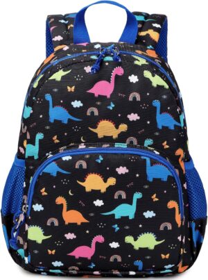 Toddler Backpack, Waterproof Preschool Backpack, Cute Cartoon Dinosaurs Schoolbag for Kids, Lunch Box Carry Bag for 1-6 Years Boys Blue Black