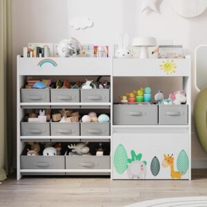 Toy Storage Organizer, Toy Bookshelf with 10 Fabric Bins and Movable Toy Chest, Toy Storage Cabinet for Playroom, Nursery, School