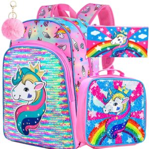 AGSDON 3PCS Unicorn Backpack for Girls, 16″ Little Kids Sequin Preschool School Bookbag and Lunch Box