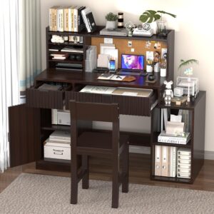 Kids Study Table with Chair,Espresso Kids Desk and Chair Set for 5-12 Year Old, Childrens Computer Desk with Bulletin Board, Drawers and Cabinets-B10