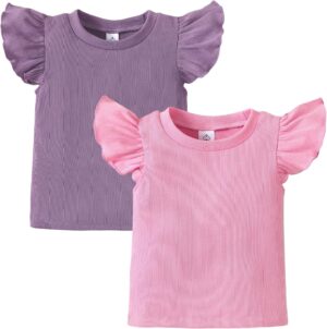 OPAWO Toddler Girl Shirts Ruffle Long/Short Sleeve Baby Girl T-Shirts Kids Blouse, Ribbed Toddler Girl Tee Tops 2-Pack 12M-6Y