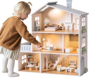 ROBOTIME Wooden Dollhouse, Wooden Doll House with 29 Pieces of Furniture, 6 Rooms Fits 4-6 Inch Dolls, Gift for Kids Ages 3+