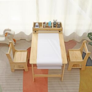 Kids Art Table and 2 Chairs Set Wooden Drawing Table with Large Storage Shelf Craft Table Toddler Activity and Study Desk 2 Chairs with Storage Shelves Art Table with a Roll of Paper Holder
