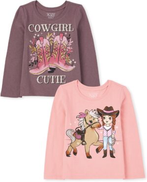 The Children’s Place Baby Girls’ Cow Girl Graphic Long Sleeve Tee 2 Pack