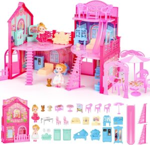 deAO Kids Dollhouse Playset Foldable Dollhouse Toy Girls Pretend Play Toy House with Furniture & Figures 2 in 1 Portable Dollhouse Playset Birthday Toys for Kids Toddlers Girls & Boys 3+