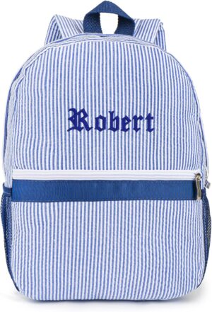 MT WORLD Toddler Backpack Personalized Daycare Backpack for Little Boys 2-4 Seersucker Kids Backpack Preppy Preschool Packpacks Kids Bookbags for Daily School Birthday Gifts (Blue)