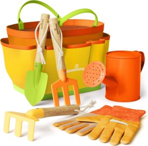 Gardening Set, Tool Kit, for Kids, STEM, Includes Tote Bag, Spade, Watering Can, Rake, Fork, Trowel and Gloves (Sunshine)