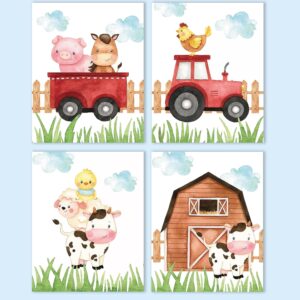 VICBOU 4 Pcs Watercolor Cute Farm Animals Wall Art Prints Nursery Decor Nursery Wall Decor Farm Animal Lover Gift Posters for Baby Room Playroom Girls Boys Kids Room Decoration 8×10 in Unframed