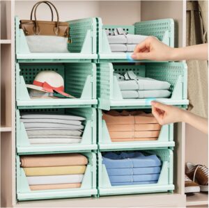 5 Pack Folding Closet Organizers – Stackable Plastic Storage Baskets, Green