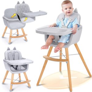 4-in-1 Baby High Chair, Convertible Easy-to-Clean Wooden Highchair for Infant, Kids& Children, 3 Position Tray, Leatherette Seat, Modern and Compact Design, Grey