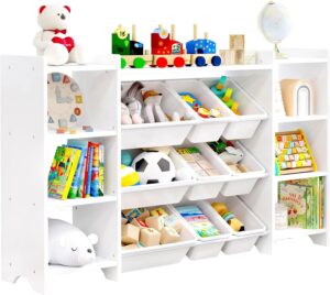 MallBest 4-Tier Kids’ Toy Storage Organizer Shelf – 100% Solid Wood, Children’s Organizer Cabinet with 9 Plastic Bins and 6 Storage Ports (White)