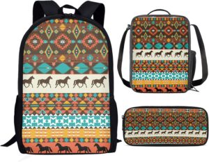 HUIACONG Aztec Navajo Horse Backpack 3pcs,Zipper Closure Bookbag with Insulated Lunch Box and Pencil Pocket for Teen Women Men Travel Daypack Double Shoulder Bag