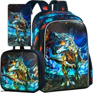 3PCS Dinosaur Backpack for Boys, 16 Inch Kids Water Resistant Preschool Elementary Kindergarten Bookbags and Lunch Box