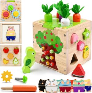 Baby Wooden Activity Cube Center Toys for 1 2 3 4 Years Old Boys Girls Birthday Gifts, 5 in 1 Montessori Educational Learning Sensory Toys for Toddlers Kids 12 18 24 Months Fine Motor Skills Games