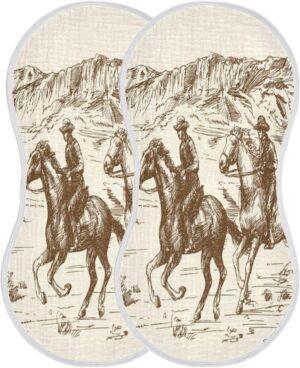 Muslin Baby Burp Cloths Set of 2, Soft Absorbent Western Desert Cowboy Muslin Washcloths, Bibs, Face Towel for Newborn Boys Girls, 22 x 11 Inch