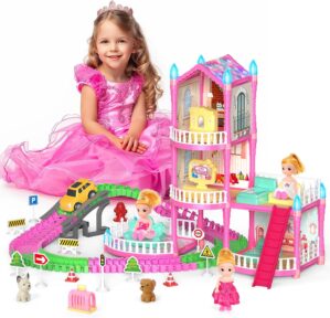 Dolls House for Girls, Doll Girls Houses with Track Car Toys, Dolls, Pets, Car, Furniture and Accessories, Pink Dream Princess Castle Playset Toy Gifts for Toddler Girls Ages 3 4 5 6 7 8+