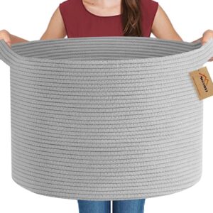 Extra Large Grey Storage Basket, 22″ X 22″ X 14″ XXXL Blanket Basket for Living Room, Gray Wicker Woven Cotton Rope Baskets for Storage, Kids Toy Baskets Bins, Decorative Pillow Towel Basket