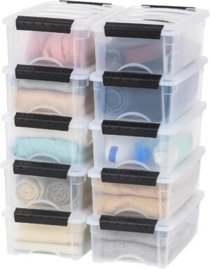 IRIS USA 6 Qt Stackable Plastic Storage Bins with Lids, 10 Pack – BPA-Free, Made in USA – See-Through Organizing Solution, Latches, Durable Nestable Containers, Secure Pull Handle – Clear/Black