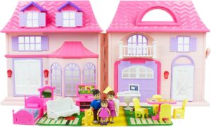 Boley American Doll House – 21 Pc Kids & Toddler Toy House Playset with Furniture, Dolls, Lights & Sounds, Foldable Portable Dollhouse for Girls & Boys