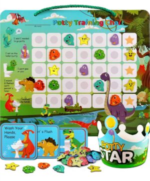 Potty Training Chart with 35 Stickers, 3 Reminder Stickers and Crown for Toddlers Boys and Girls – Potty Training Rewards for Kids – Dino