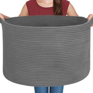 Large Dark Grey Storage Basket, Woven Cotton Rope Baskets for Storage, Big Blanket Organizer Storage Basket for Living Room, Kids Room Toy Storage Organizer Box, Blanket Keeper (22″x14″)