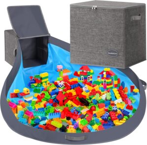 2-in-1 Toy Storage Organizer & Removable Play Mat 56″x 56”, Stackable Building Block Toys Organizers and Storage Bins for Kids, Playroom Storage, Living Room, Quick Clean up Toy 13″ x 13″ x 13″