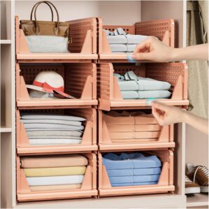 5 Pack Folding Closet Organizers Storage Box, Stackable Plastic Storage Basket, Closet Organizers and Storage Drawer Shelf Storage, Storage Container for Cupboard Kitchen Bathroom, Pink