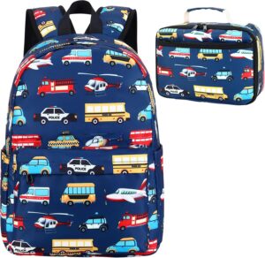 LEDAOU Kids School Backpack with Lunch Box for Boy Kindergarten BookBag School Bag Preschool Kindergarten Toddler Backpack (Car Airplane Pattern-Navy)