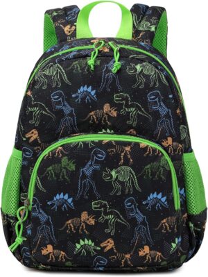 Cute Toddler Backpack Kids Preschool Bag Skeleton Dinosaurs Mini Travel Bag for Baby Boy Child Daycare Nursery with Chest Strap for 1-6 Years Green Black