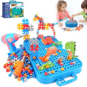 298Pcs Dinosaur Toy Magic Montessori Play Toolbox for Kids, 2D/3D Creativity Tool Box with Drill, Design and Drill Montessori Stem Toys for 3 4 5 year, toddler tool set kids workbench playset
