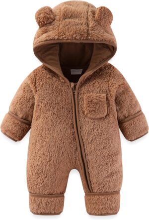 Newborn Baby Bear Outfit With Fold-Over Mittens and Footies Girls Boys Winter Fleece Clothes Hooded Romper Snowsuit