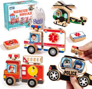 Emergency Vehicles 3D Puzzle Toy, HUZU Rescue Squad Wooden Snap Button Connection Building Blocks for Kids 3-8, Fire Truck Ambulance Police Car Helicopter Montessori Gifts for Preschool Children