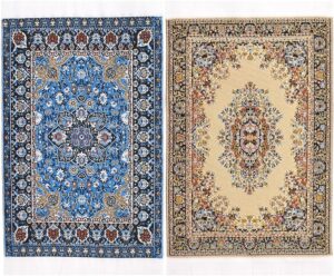 iLAND Miniature Dollhouse Accessories Vintage of Carpet for Dollhouse Furniture on 1/12 Scale and 3” – 12” Dolls, Woven Dollhouse Rugs 6” x 3.8”(2pcs Brilliance)