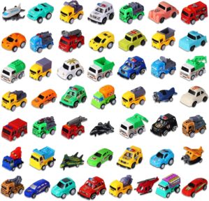 Sratte 50 Pcs Pull Back Cars and Trucks Toy Bulk City Cars Plane Vehicles Model Car Construction Toy Pull Back Digger for Boys and Girls’ Education, Party Favor Bulk Cake Decorations Birthday Gift